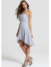 Gray Chiffon Beads Strapless Hi Low Prom Dress 